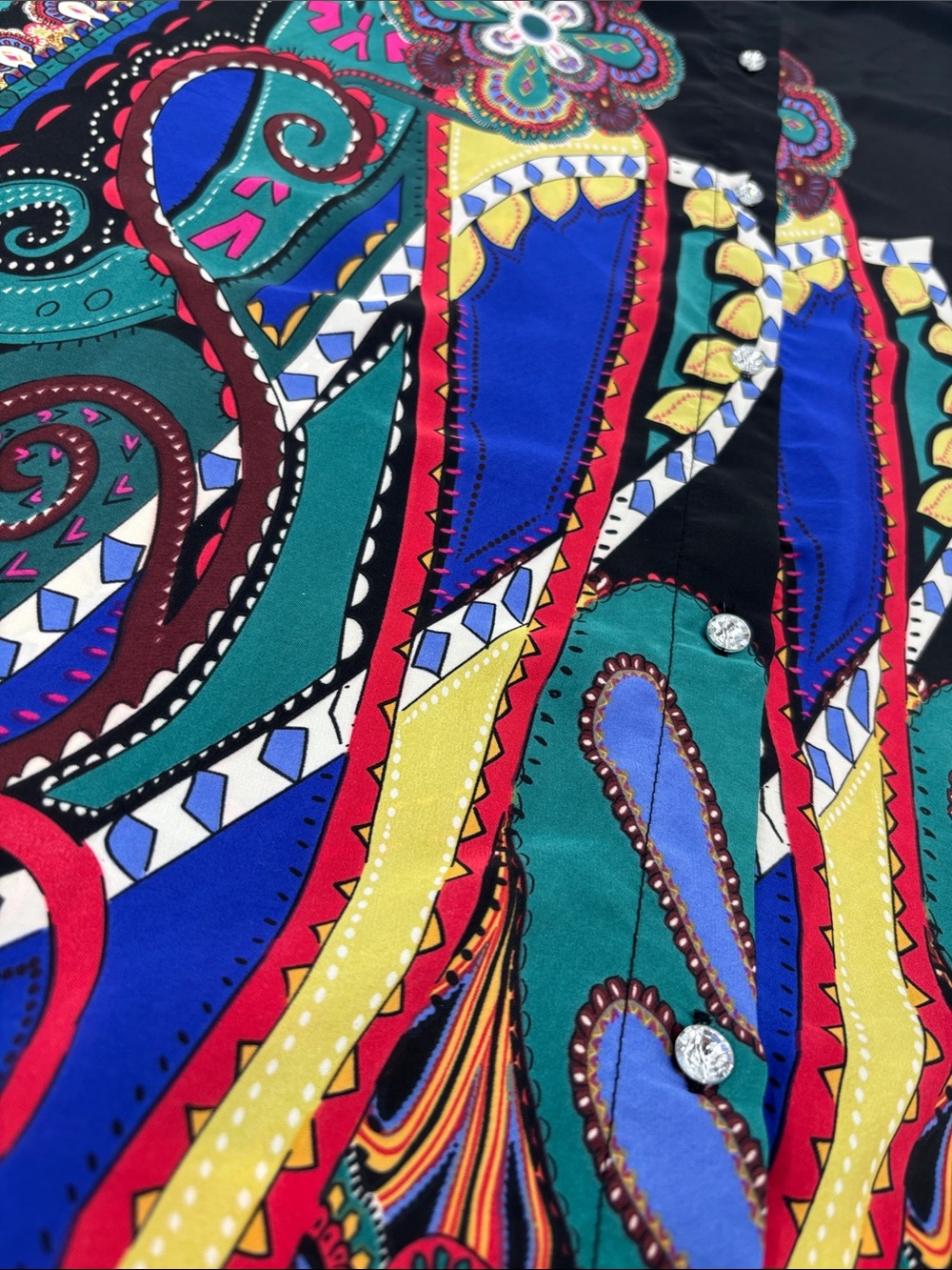 Vintage Y2K Artsy Boho Paisley Abstract Print Satin Rhinestone Tunic Top Size 1X - Picture 7 of 13